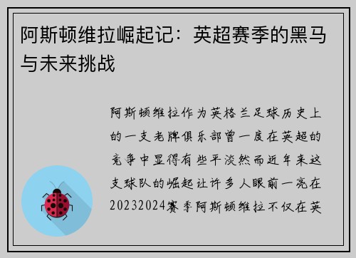 阿斯顿维拉崛起记：英超赛季的黑马与未来挑战